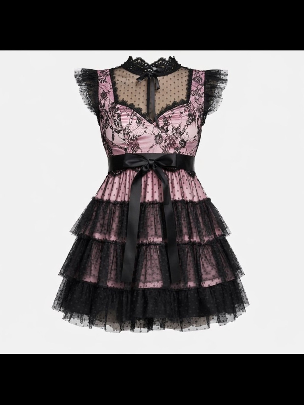 ISO Lace Tiered Pink & Black Party Dress with Satin Bow - Picture 6 of 6